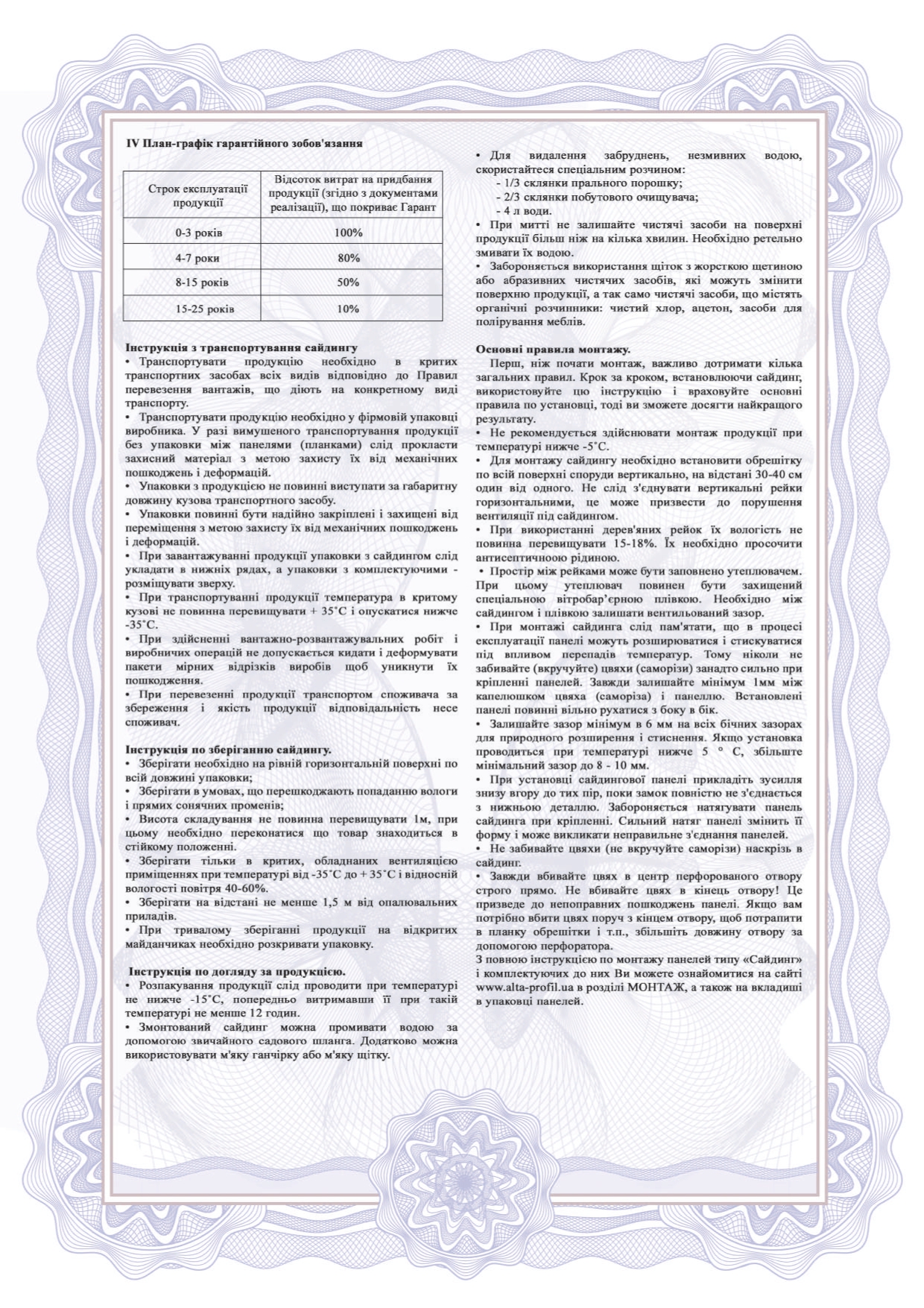 Гарантія на сайдинг Альта Профіль