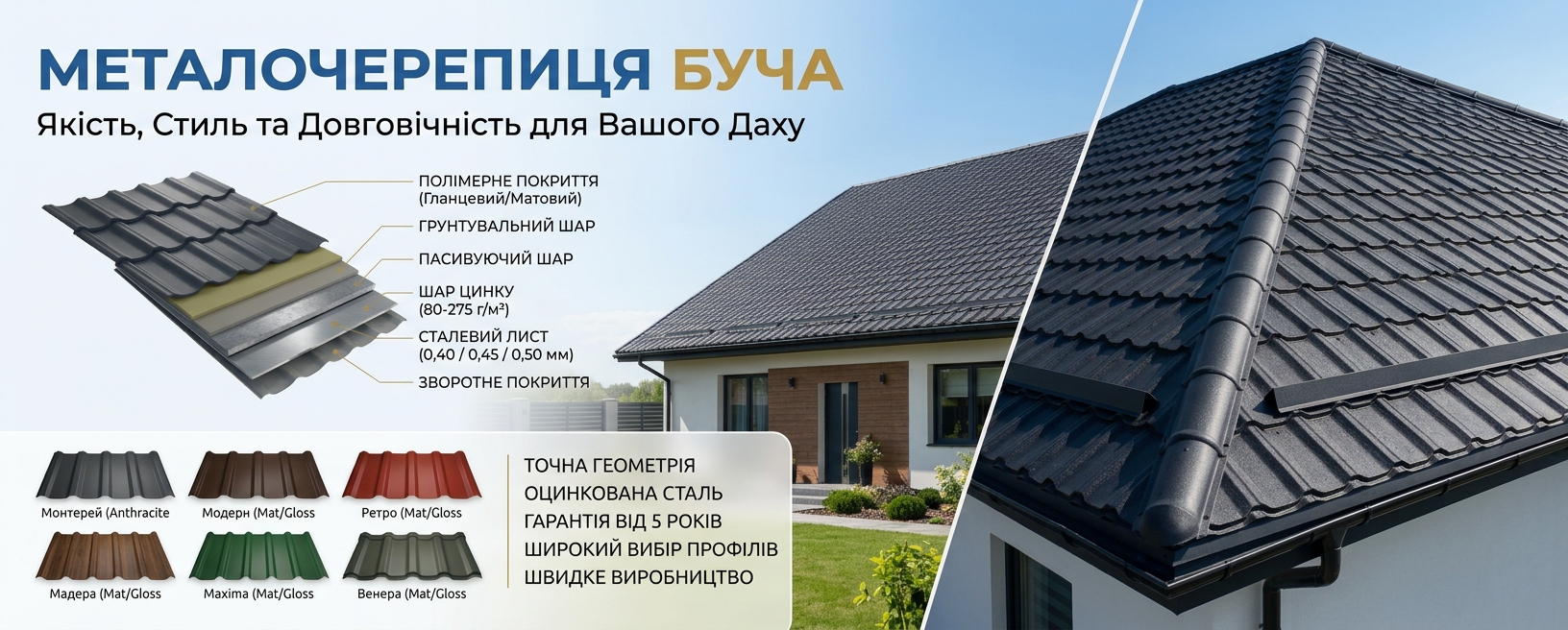 Металлочерепица Буча - виды профилей и слои стального листа